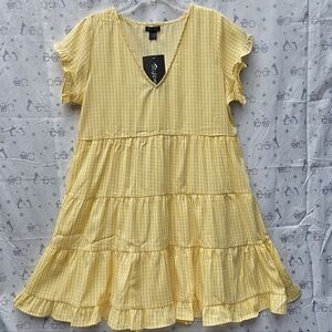 Style House Unior Yellow gingham ruffle tiered mini dress V-neck, flutter sleeve